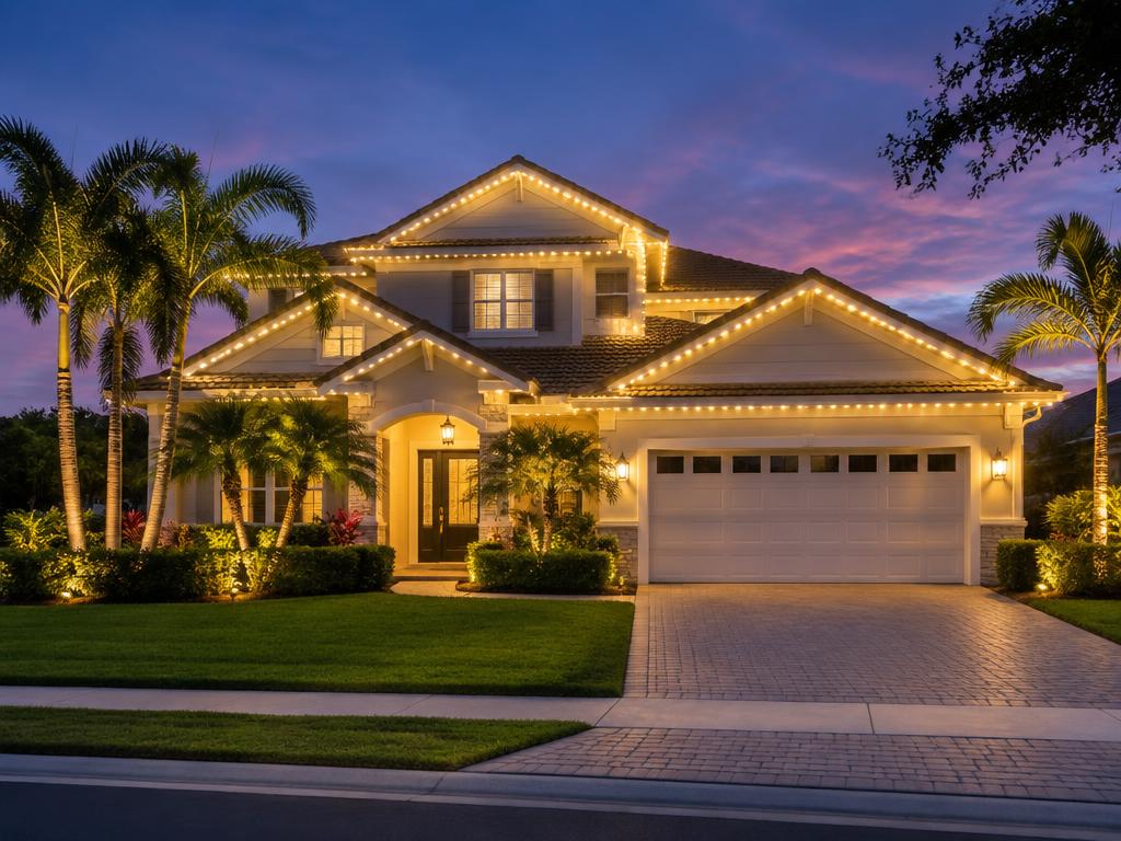 Two-story home with warm white permanent LED lighting
