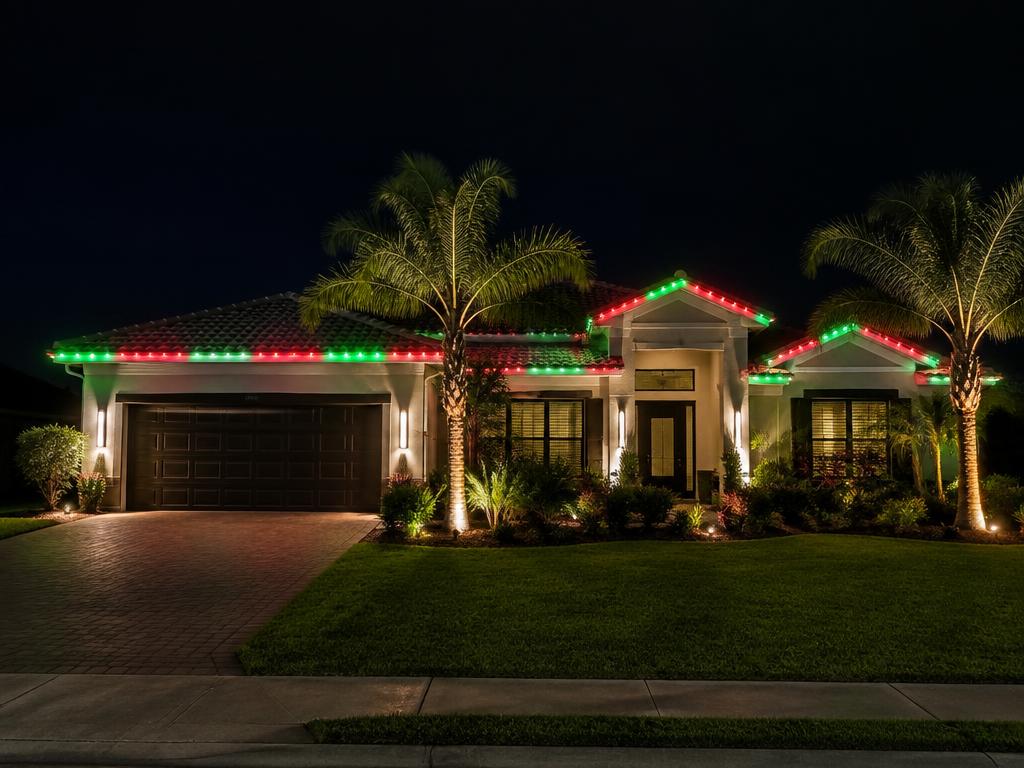 Home lit in red and green holiday colors