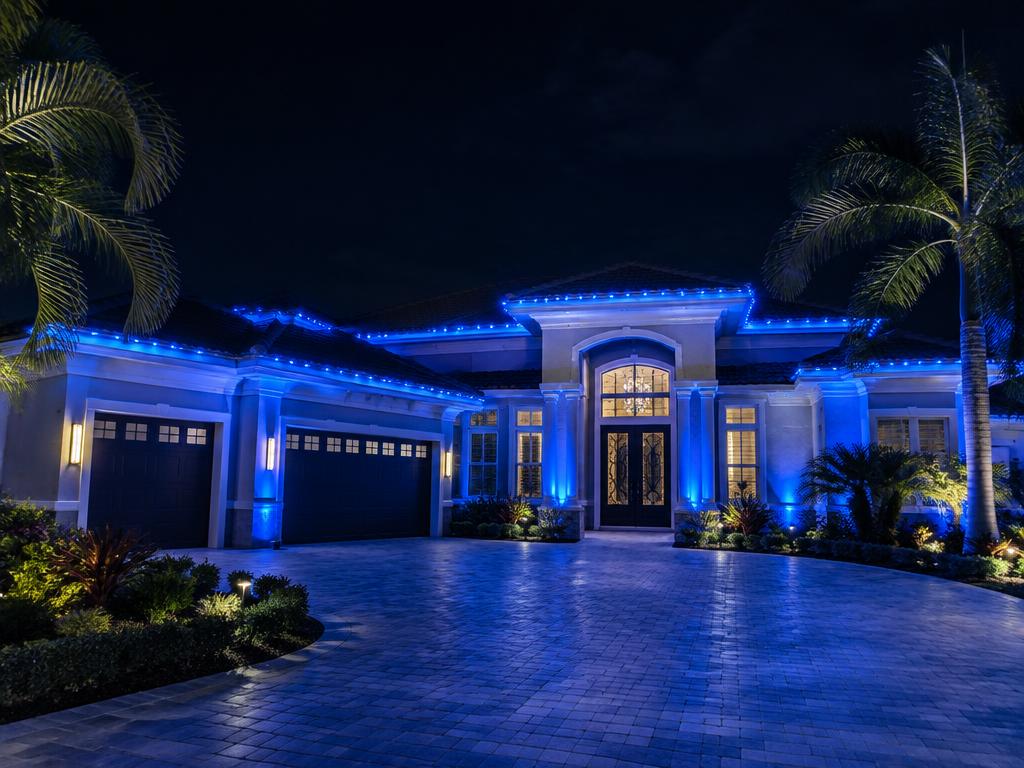 Home lit in vibrant blue permanent LED lighting