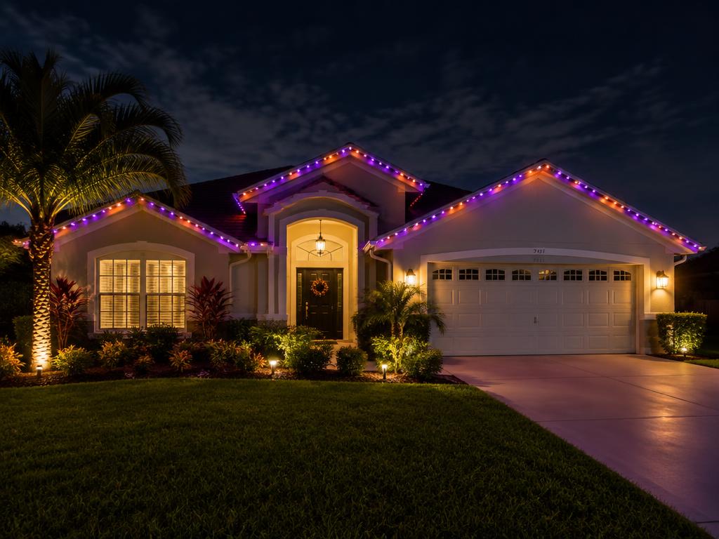 Home lit in purple and orange Halloween colors