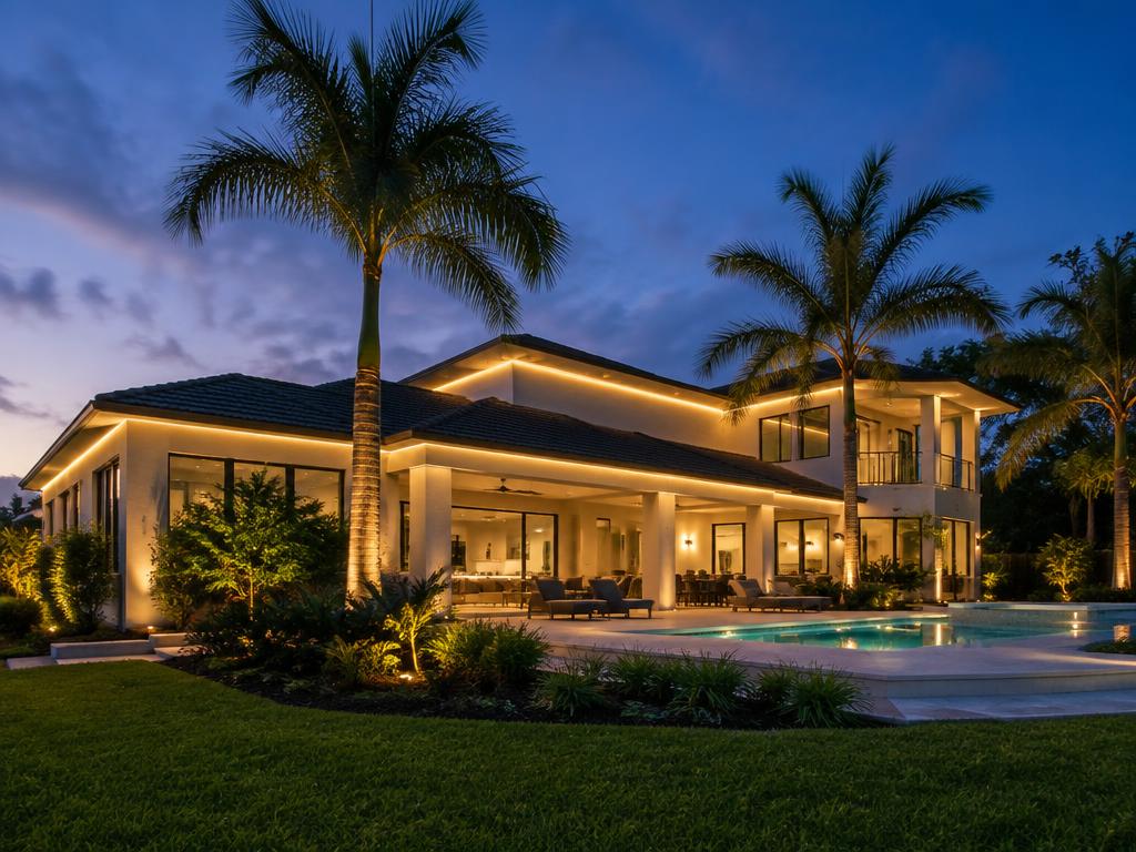 Modern home with warm accent lighting and pool